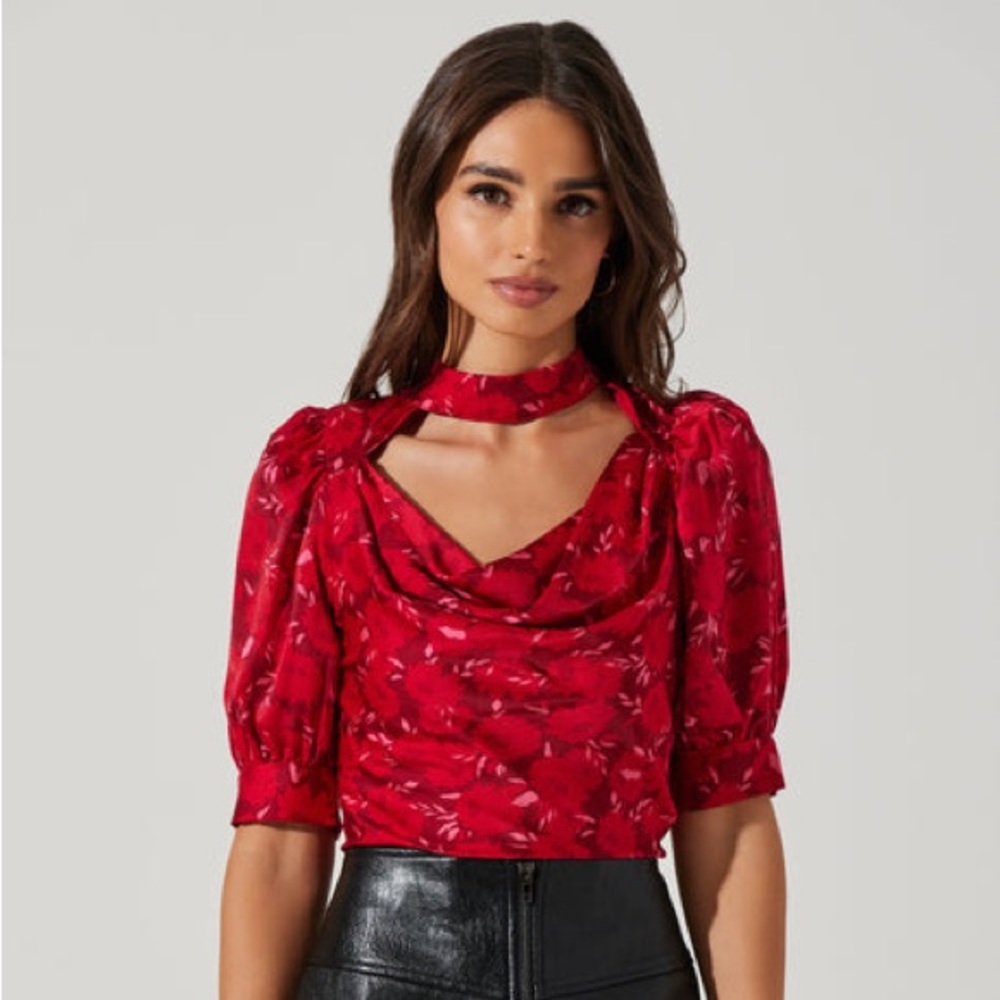 Astr NWOT Red Floral Mock Neck Cowl Drape Puff Sleeve Top M